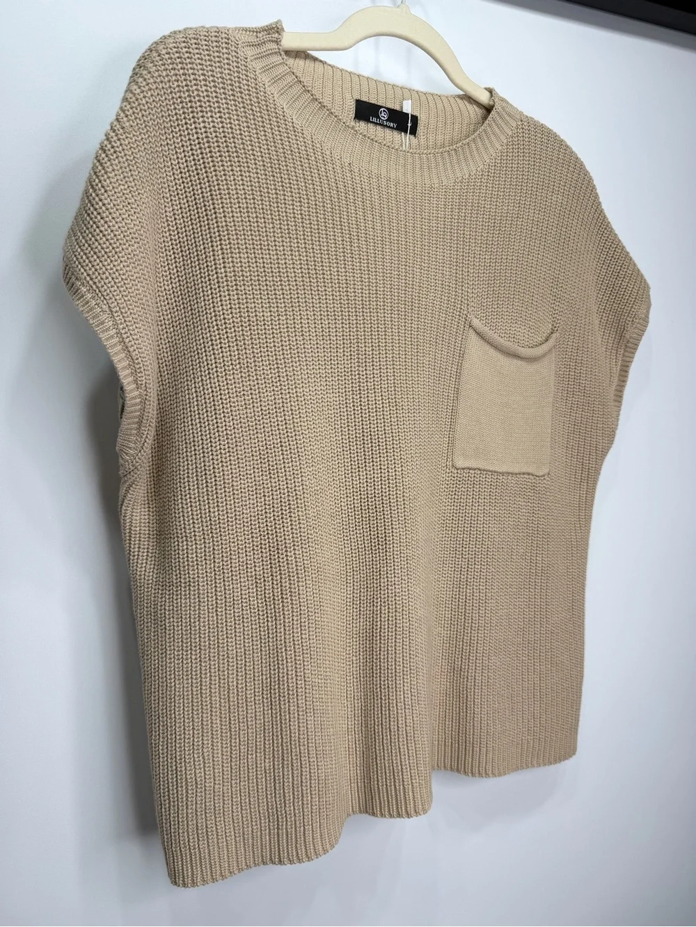 LILLUSORY 100% Cotton Sweater Top Large Beige Knit Sleeveless With Pocket - Picture 4 of 10
